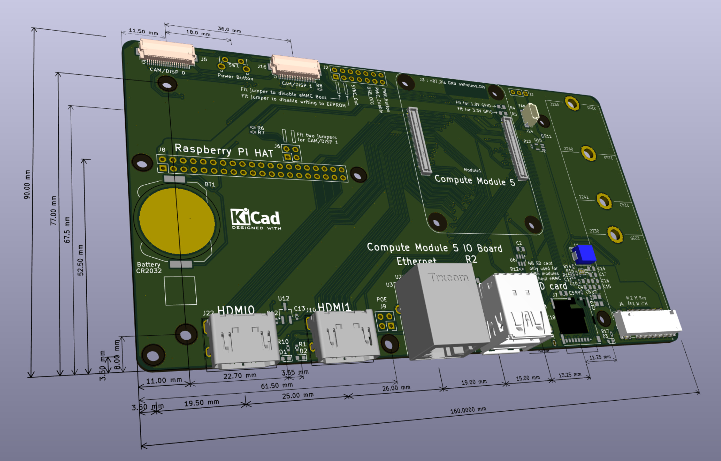 Placa portadora a medida para Raspberry Pi Compute Module 5 con conector Ethernet PoE, diseñada por nearoo en KiCad